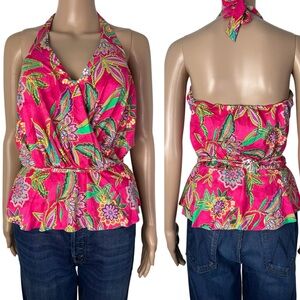 Johnny Was Flamingo Tankini Halter Floral Tropical Print Top